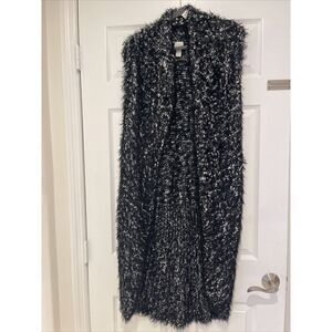 Chico's Cardigan Vest Sleeveless Fringe Size 3 XL  16 Black & White Cozy Holiday